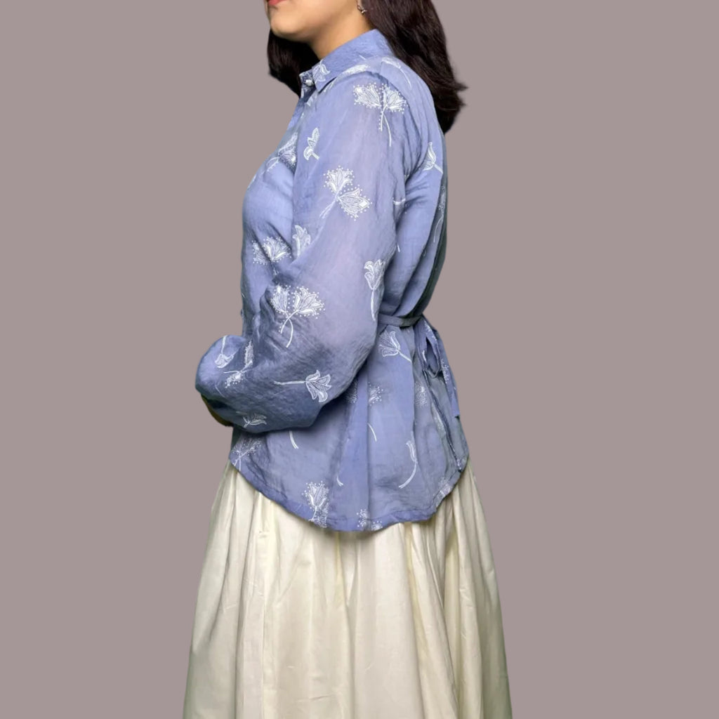 Dusty Blue Tulip Print Shirt side view