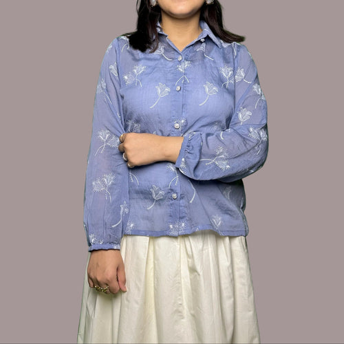 Dusty Blue Tulip Print Shirt Button down front view