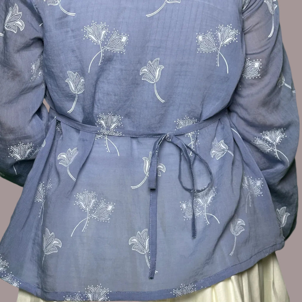 Dusty Blue Tulip Print Shirt back self tie